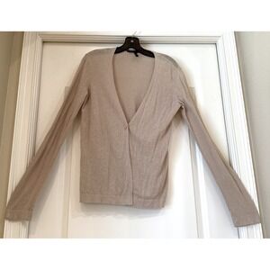BCBG Maxazria Sweater Sz M Beige Cardigan One Button Linen Blend Career Preppy